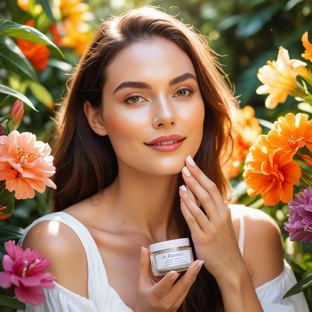 A radiant woman with glowing skin standing amidst a garden of exotic flowers, holding Aloette skincare products. Soft sunlight illuminates her face, and a magical aura encircles her, symbolizing the magic of love and beauty. The scene is filled with vibrant colors and ethereal light effects. Super-realistic. vibrant colors. whimsical.