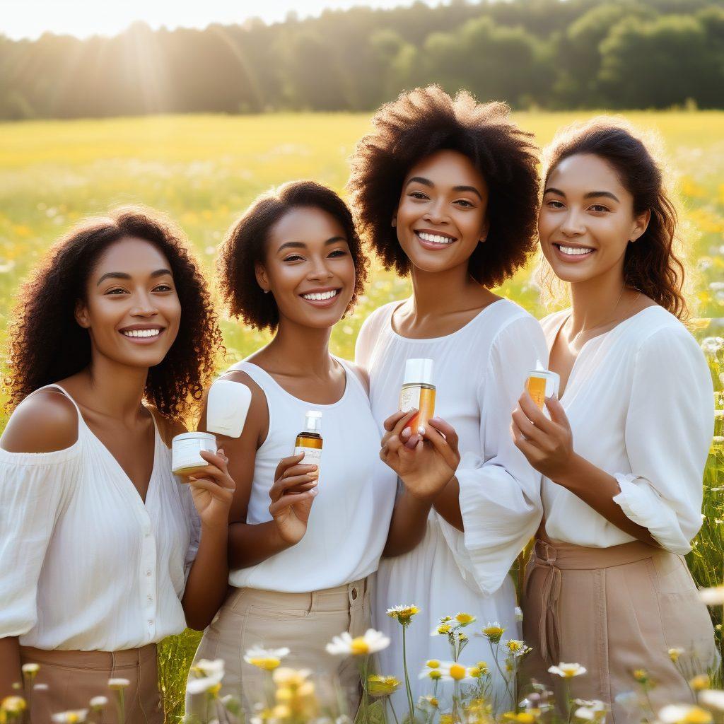A serene, sunlit meadow with diverse people showcasing radiant skin, smiling confidently. They hold Aloette's natural skincare products, surrounded by blooming flowers symbolizing organic beauty. Airy, soft colors highlight the natural essence and evoke a sense of purity and well-being. super-realistic. vibrant colors. serene background.
