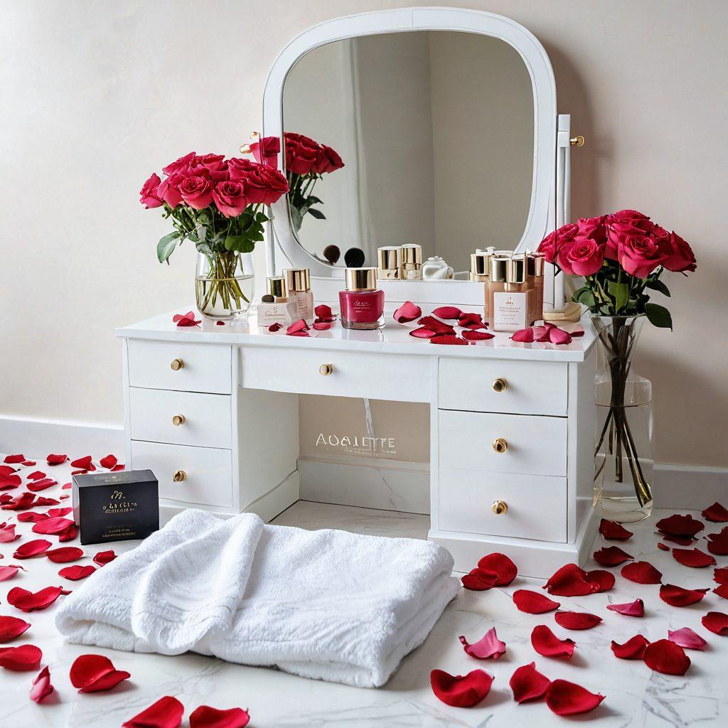 A luxurious vanity table adorned with a diverse range of Aloette cosmetics, featuring elegant product packaging and a mirror reflecting natural sunlight. The scene should evoke a sense of serenity and indulgence, with scattered rose petals and a plush towel. super-realistic. vibrant colors. white background.